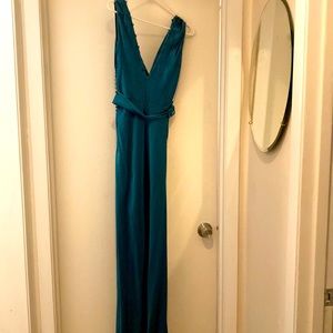 Floor length used aqua evening gown. Acetate with decor buttons and belt.